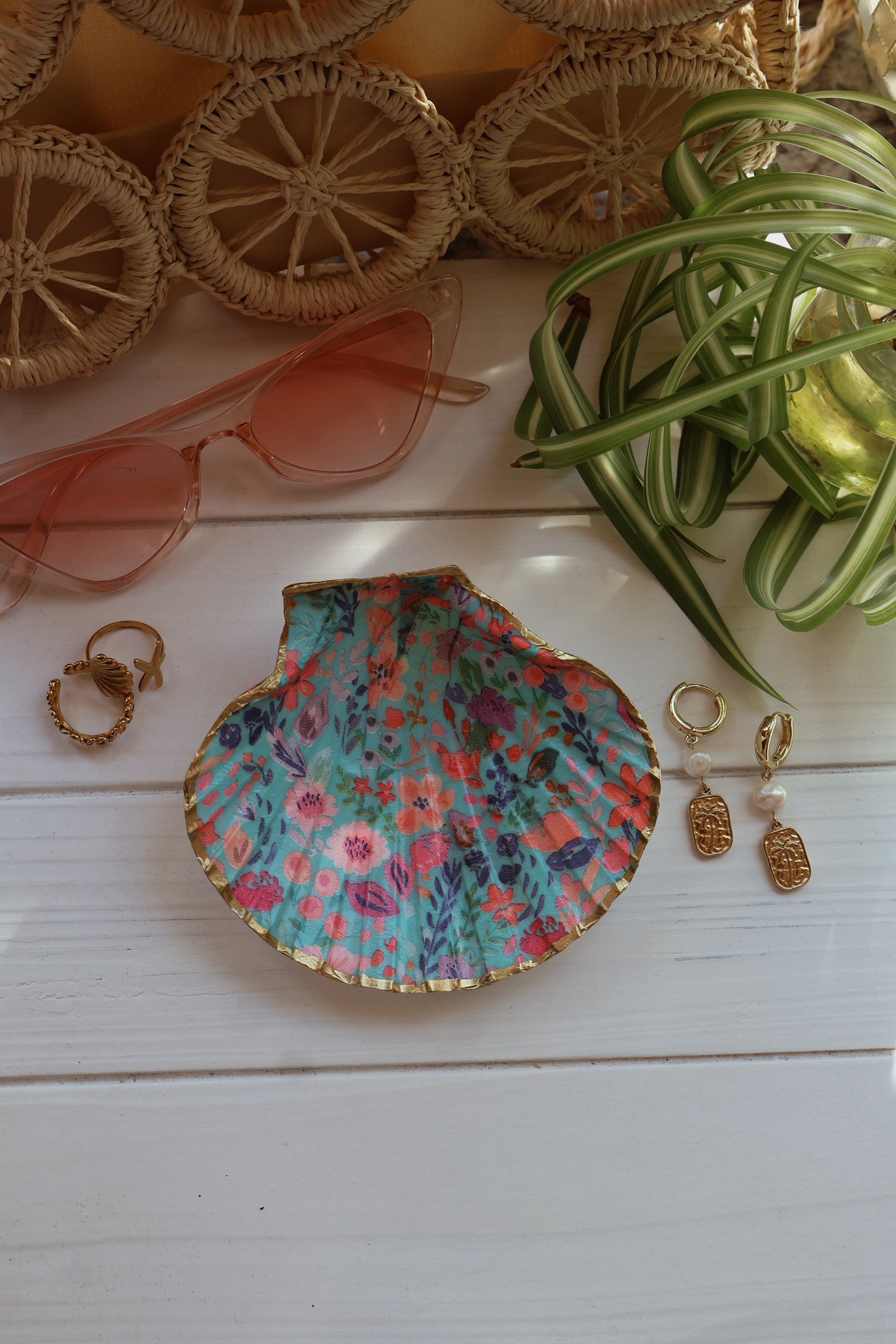 Pink Floral Seashell Jewelry Dish