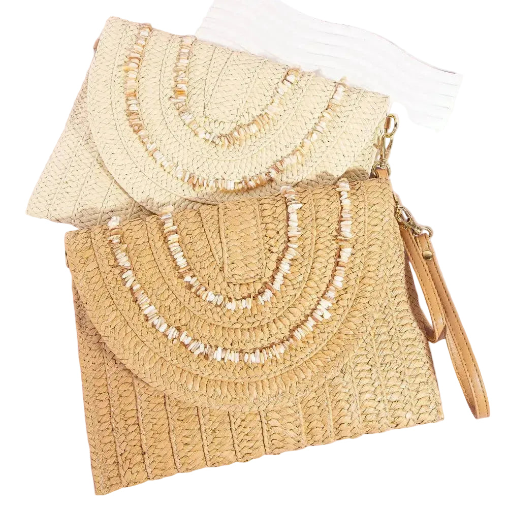 Woven straw handbag with beaded details on a beige background
