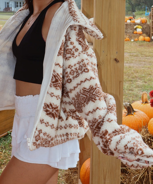 Alpine-Print Sherpa Fleece Pocket Jacket