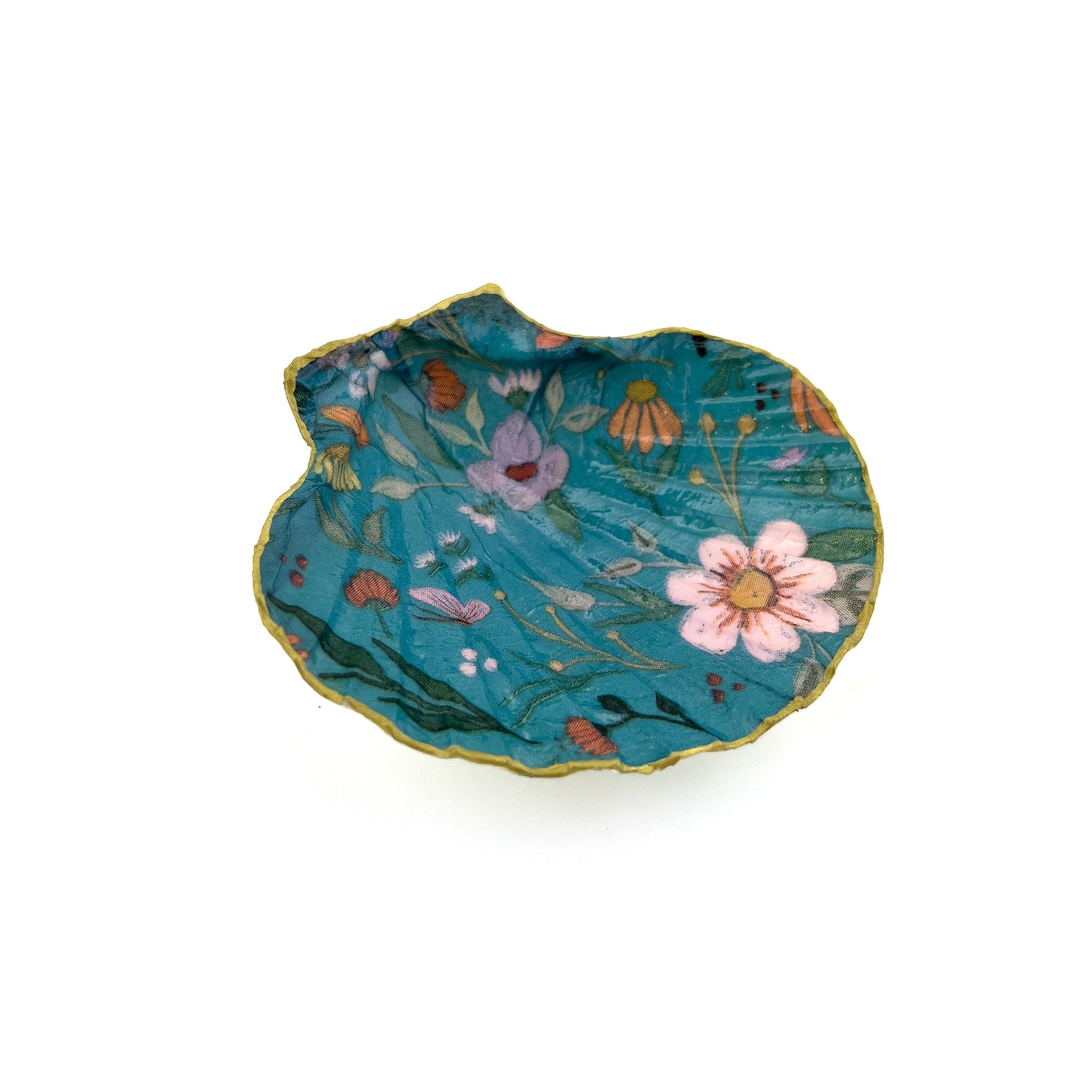 Teal Floral Seashell Jewelry Dish