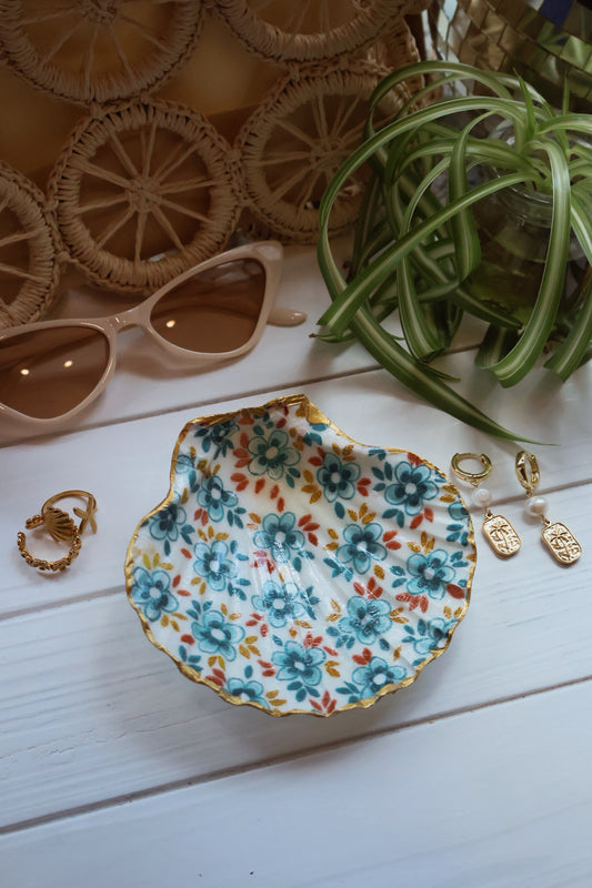 Teal Flower Seashell Jewelry Dish