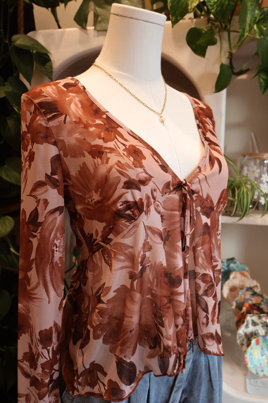 Floral Mesh Bell-Sleeve Tie-Front Top