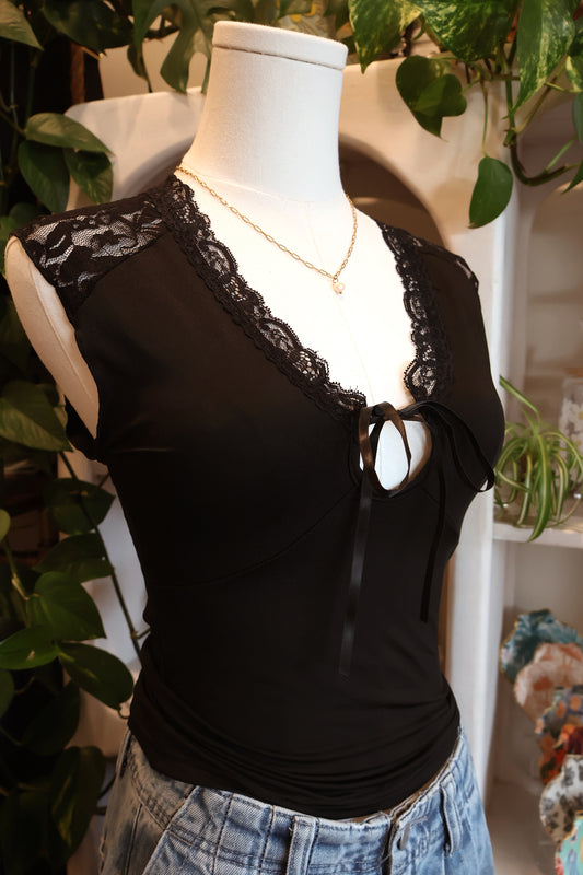 Lace Trim Ribbon Tie Tank Top