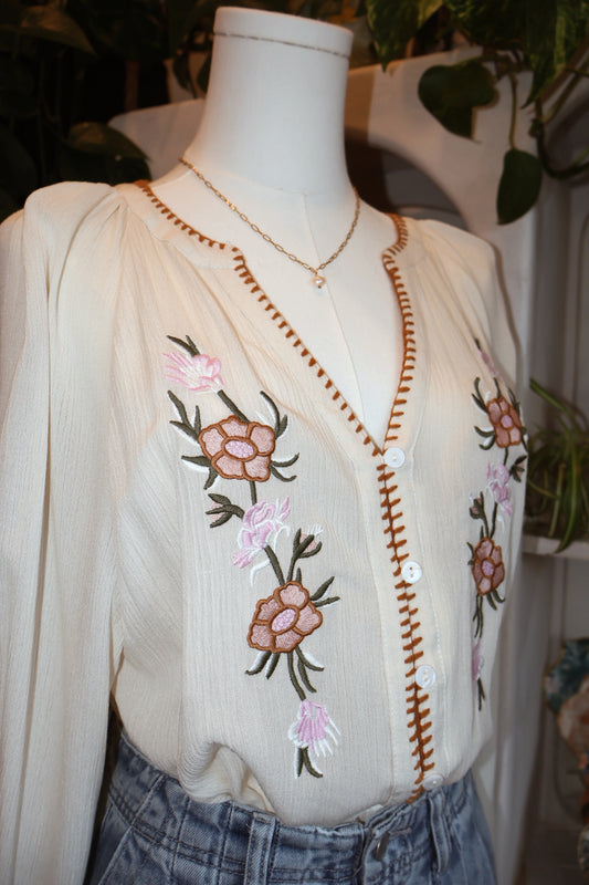 Floral Embroidered Puff Sleeve Blouse