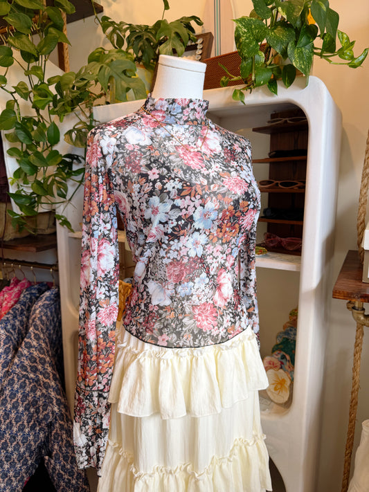 Dark Floral Long Sleeve High Mock Neck