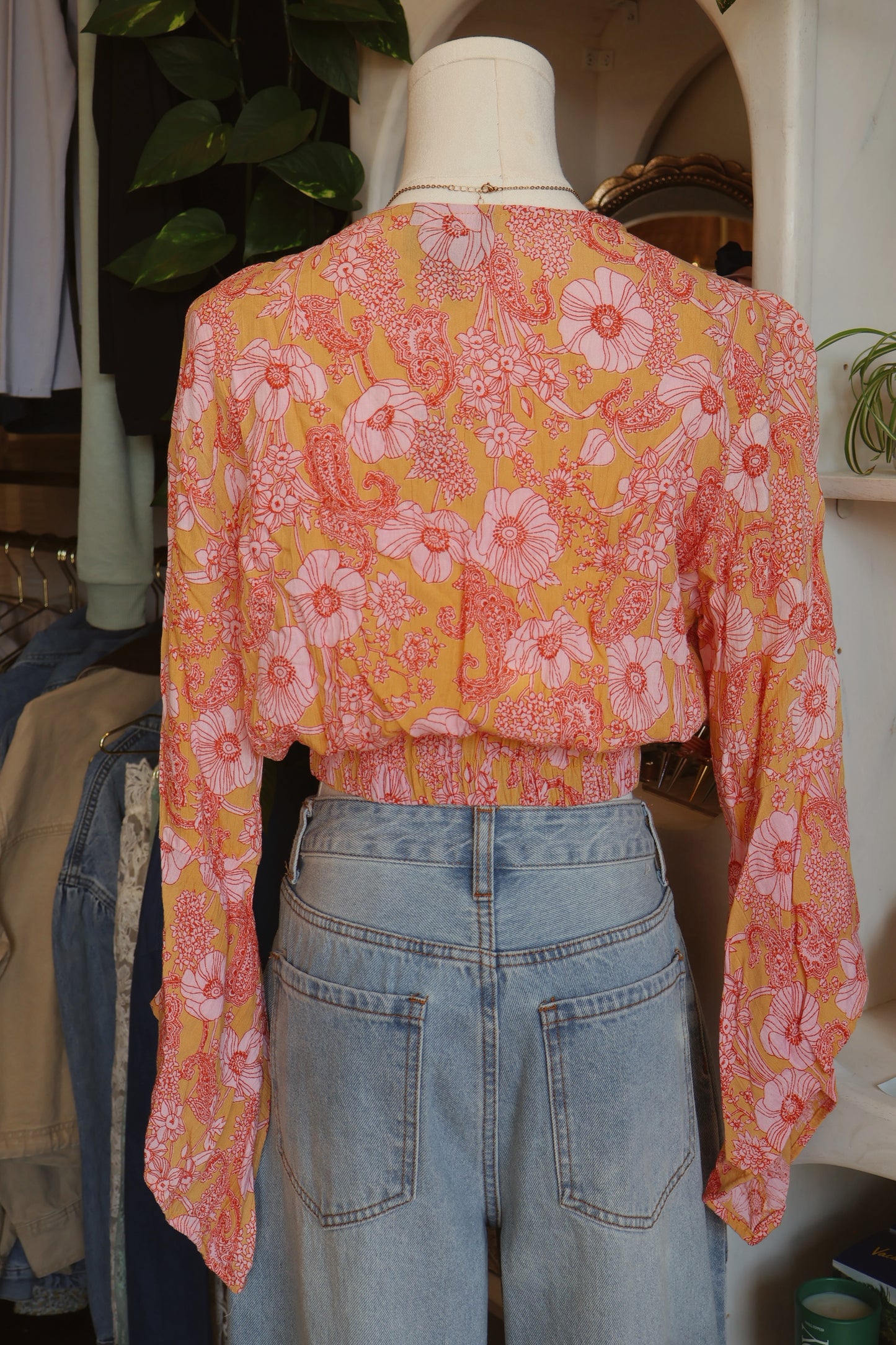 Orange & Pink Floral Bell Sleeve Blouse