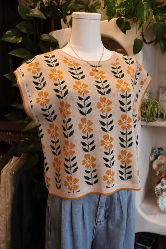 Crop Knit Floral Sweater Vest