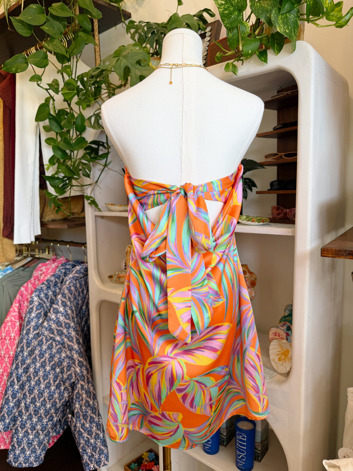 Palm Vista Strapless Tie Back Mini Dress