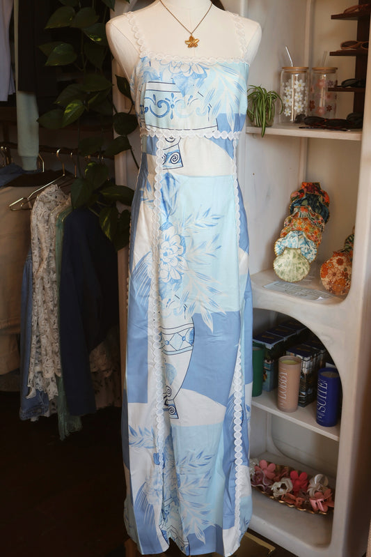 Blue Patchwork Wave Pattern Maxi Dress