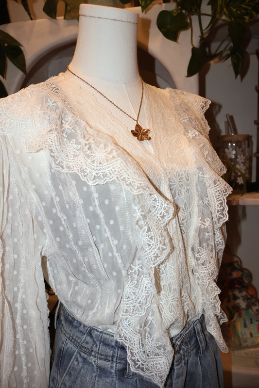 Romantic Ruffle Design Lace Floral Sheer Blouse
