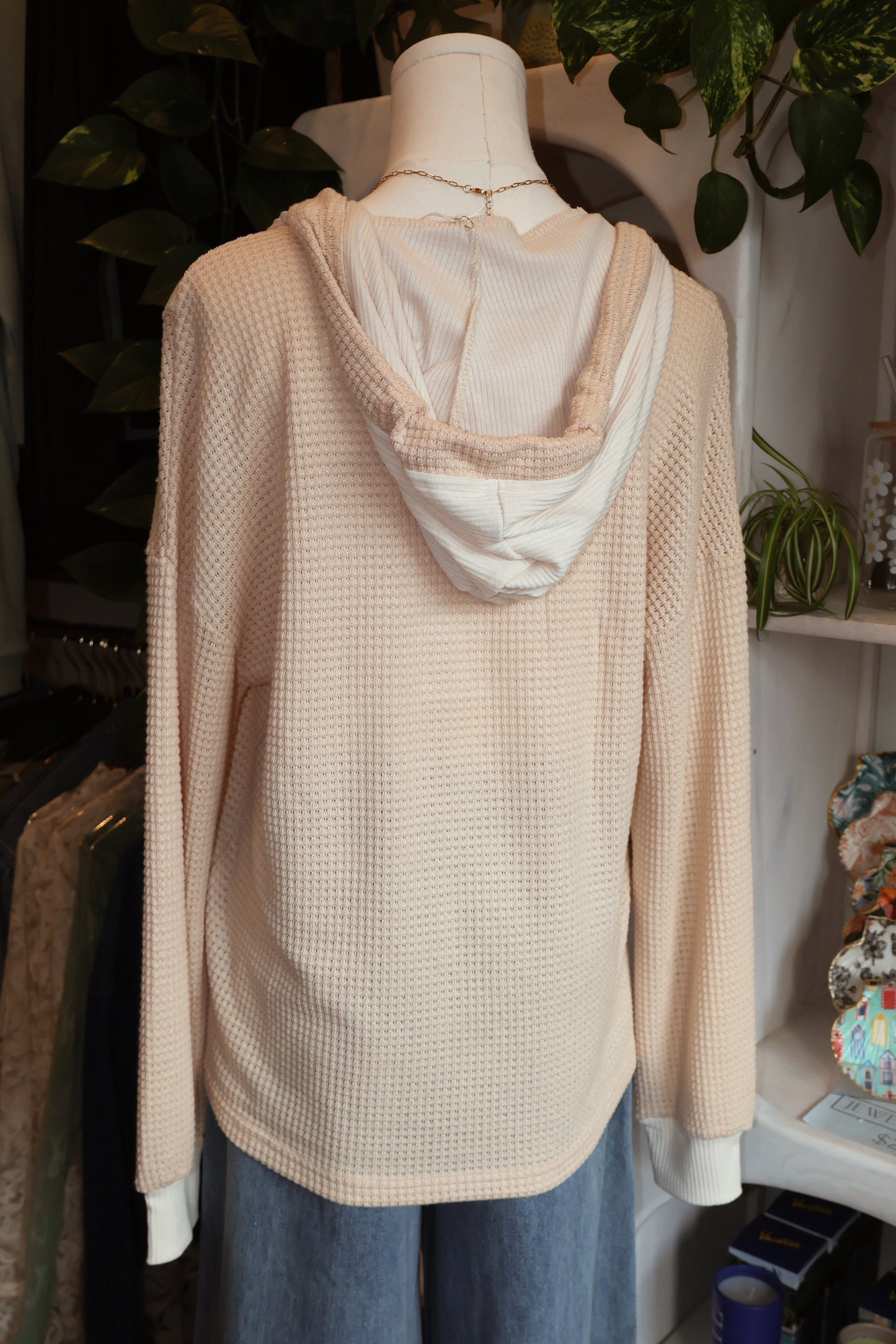 Waffle Patchwork Hooded Long Sleeve