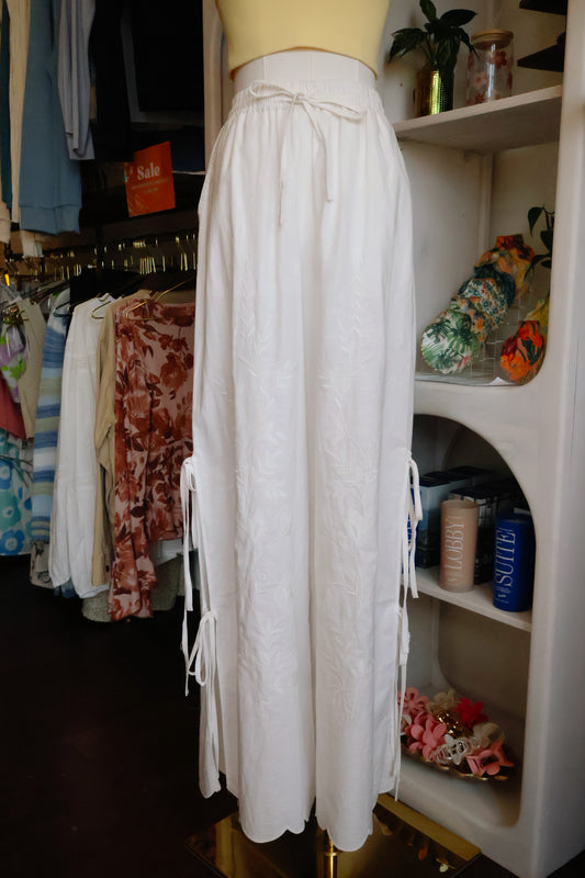 Embrodiered White Side Tie Pants