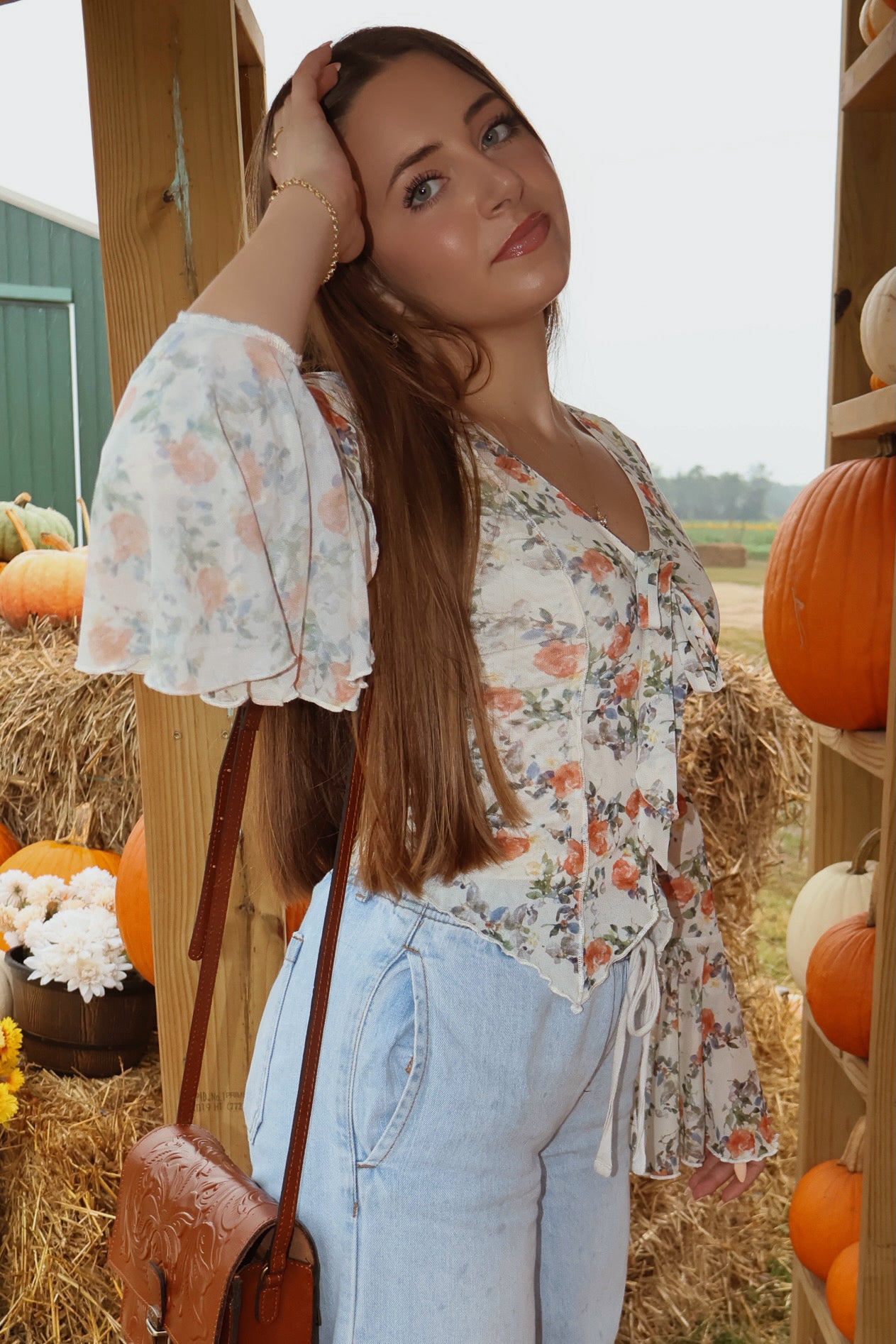 Mesh V-Neck Bell-Sleeve Top