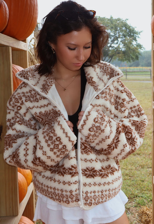 Alpine-Print Sherpa Fleece Pocket Jacket