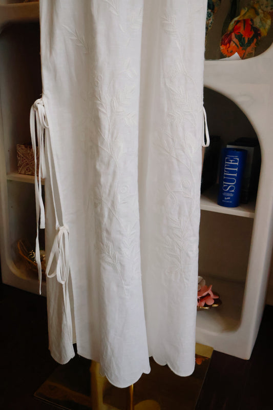 Embrodiered White Side Tie Pants