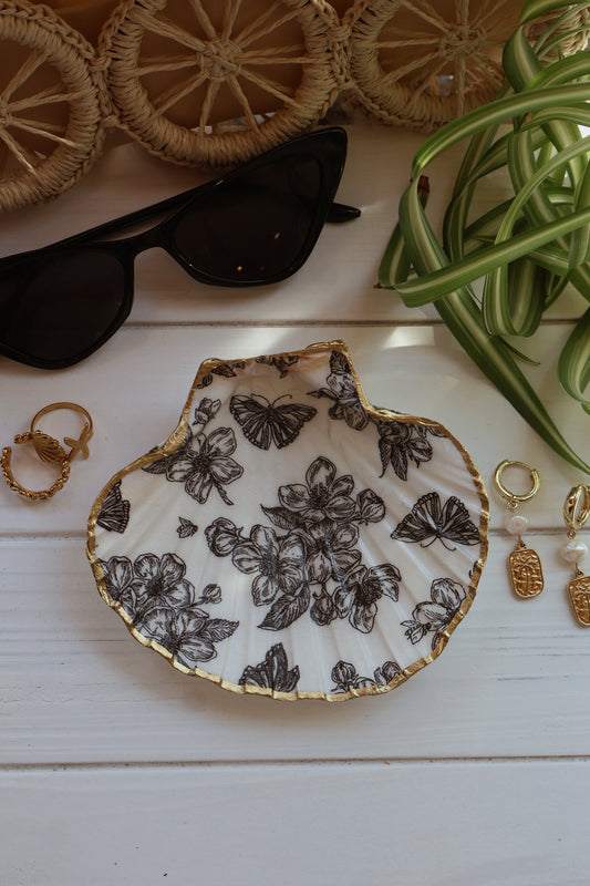 Black Floral Seashell Jewelry Dish