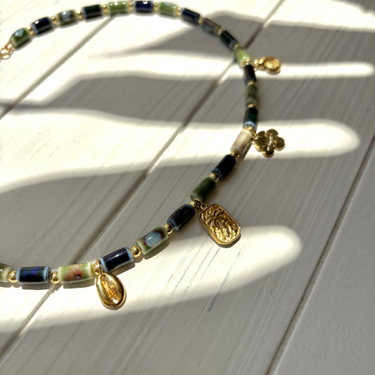 Green & Blue Beaded Charm Necklace