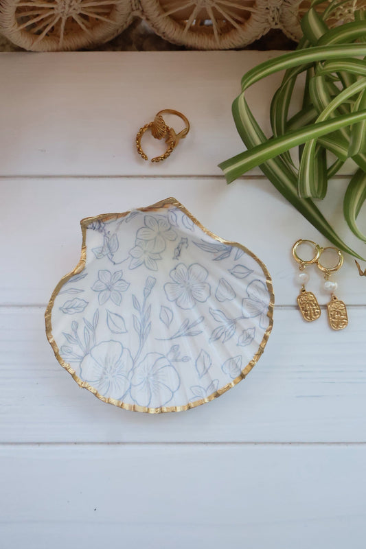 Blue Floral Seashell Jewelry Dish