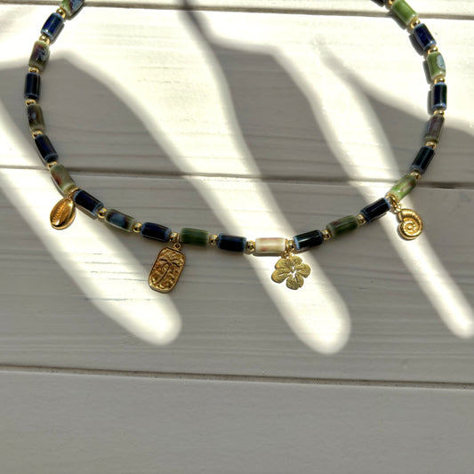 Green & Blue Beaded Charm Necklace