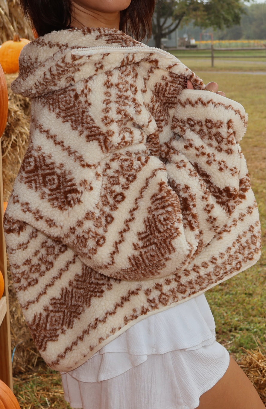 Alpine-Print Sherpa Fleece Pocket Jacket