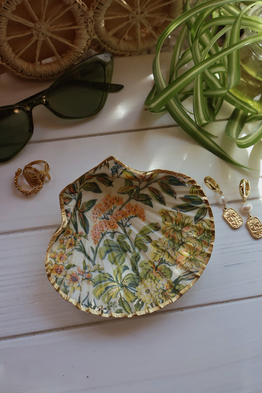 Green & Pink Floral Seashell Jewelry Dish