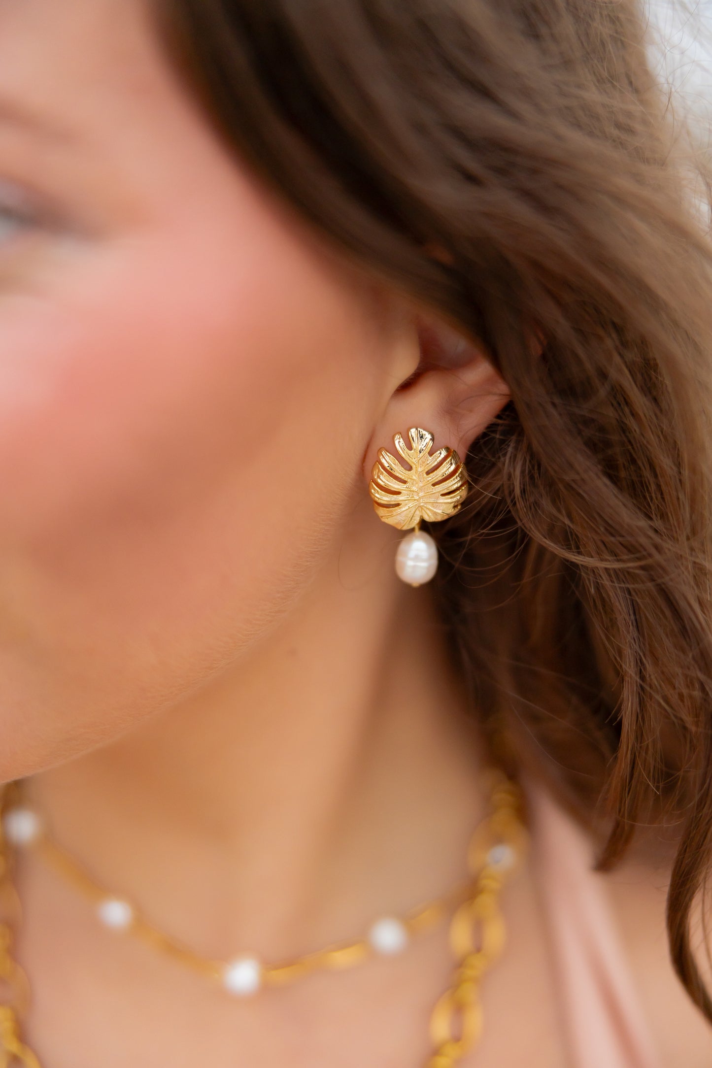 Monstera Pearl Drop Earrings