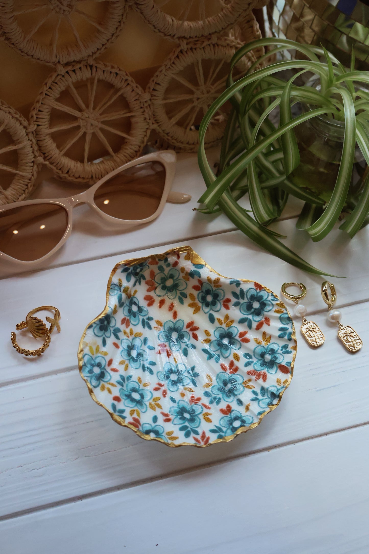Teal Flower Seashell Jewelry Dish