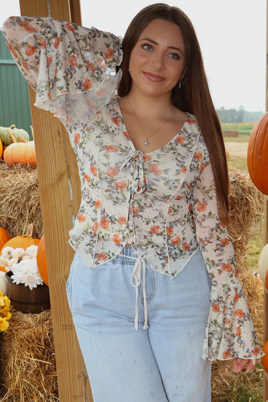 Mesh V-Neck Bell-Sleeve Top