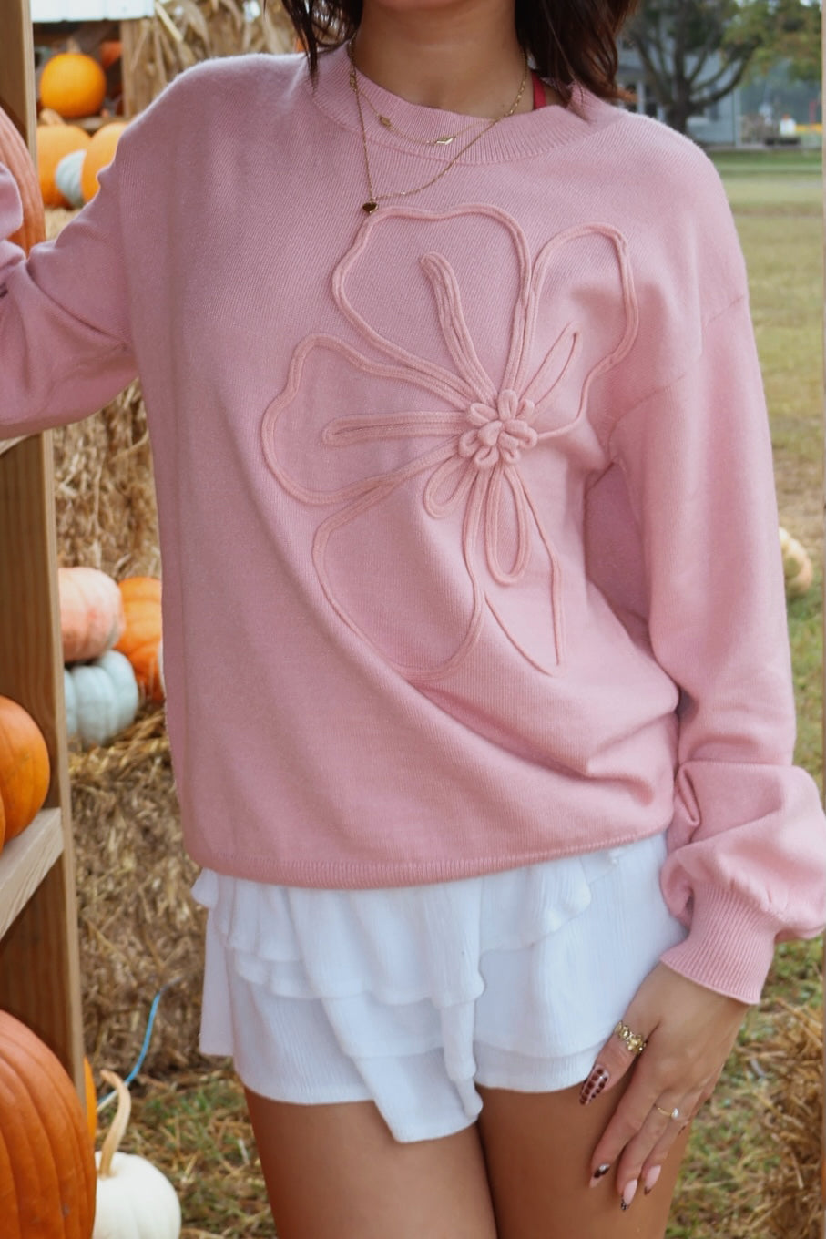 Accent Flower Drop Shoulder Sweater