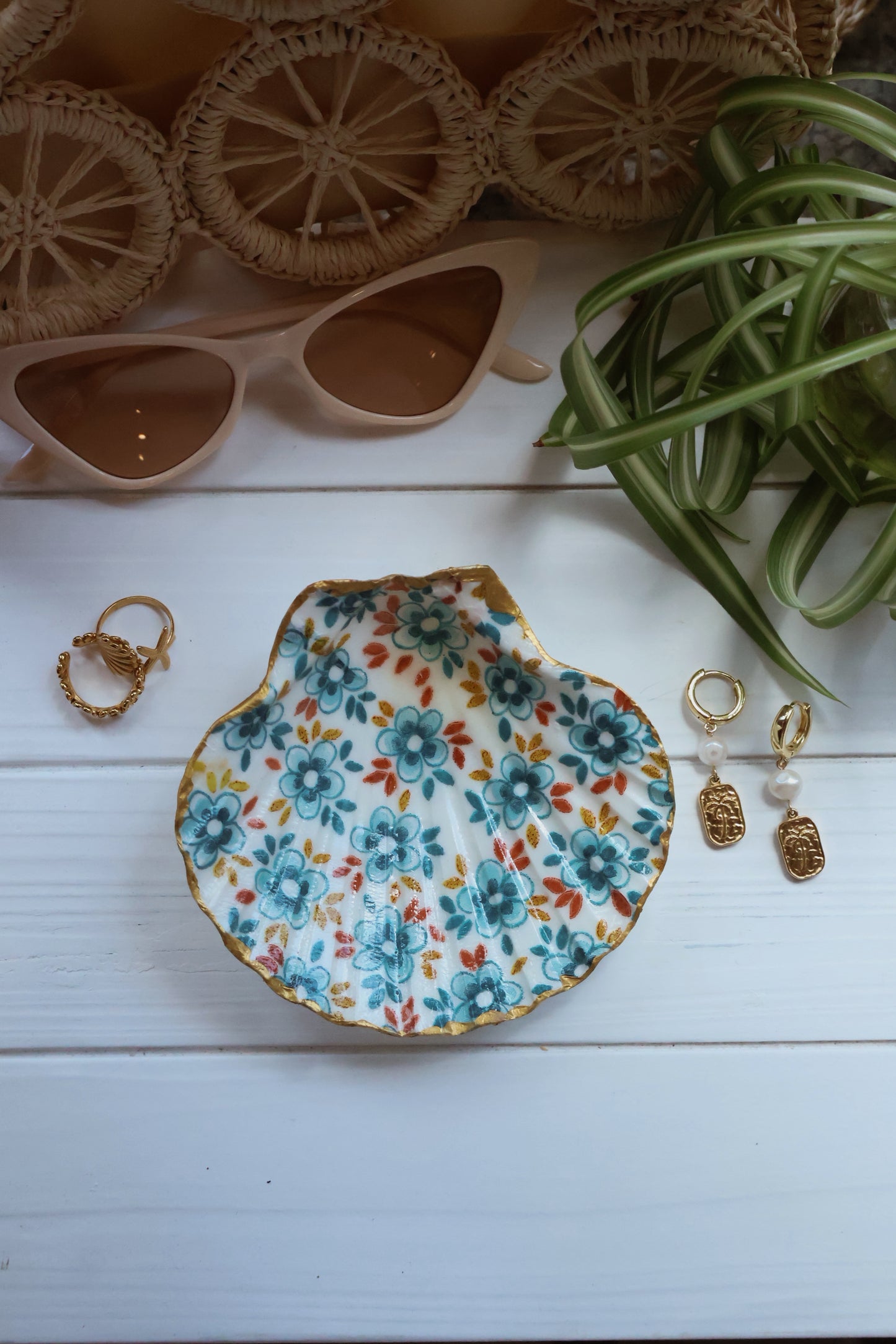 Teal Flower Seashell Jewelry Dish