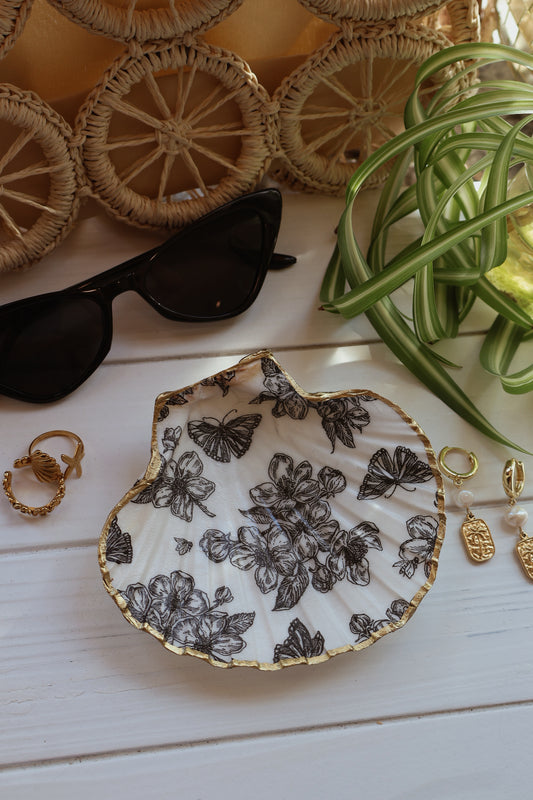 Black Floral Seashell Jewelry Dish