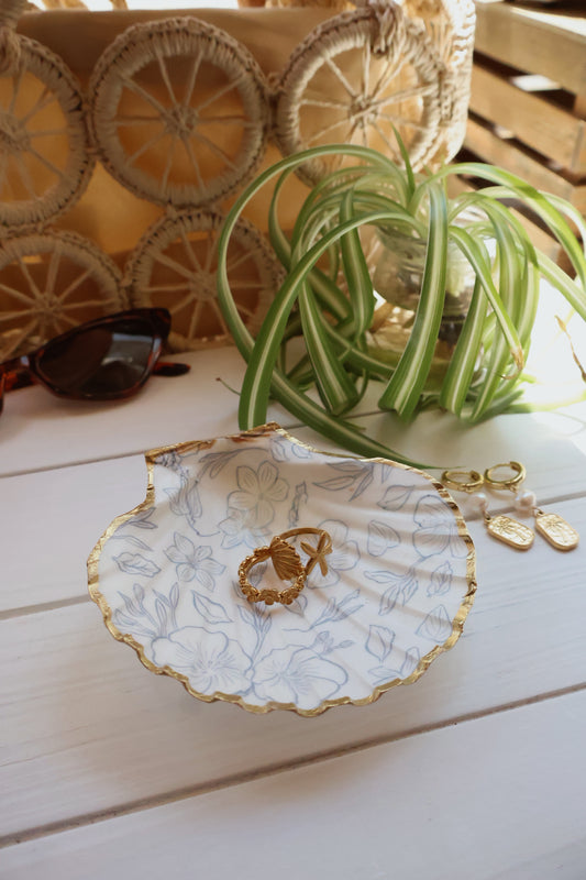 Blue Floral Seashell Jewelry Dish