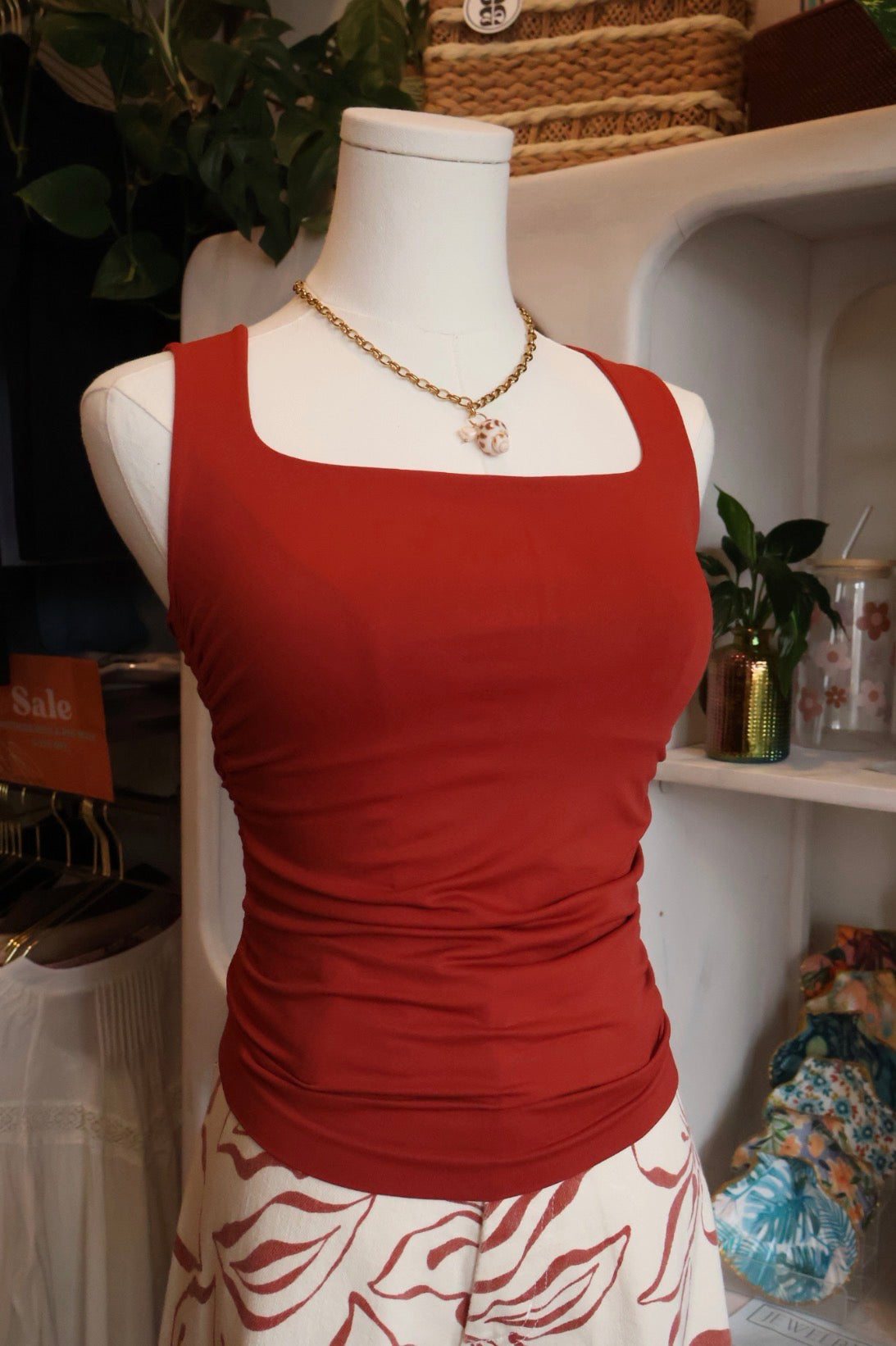 Burnt Red Square Neck Shirred Top