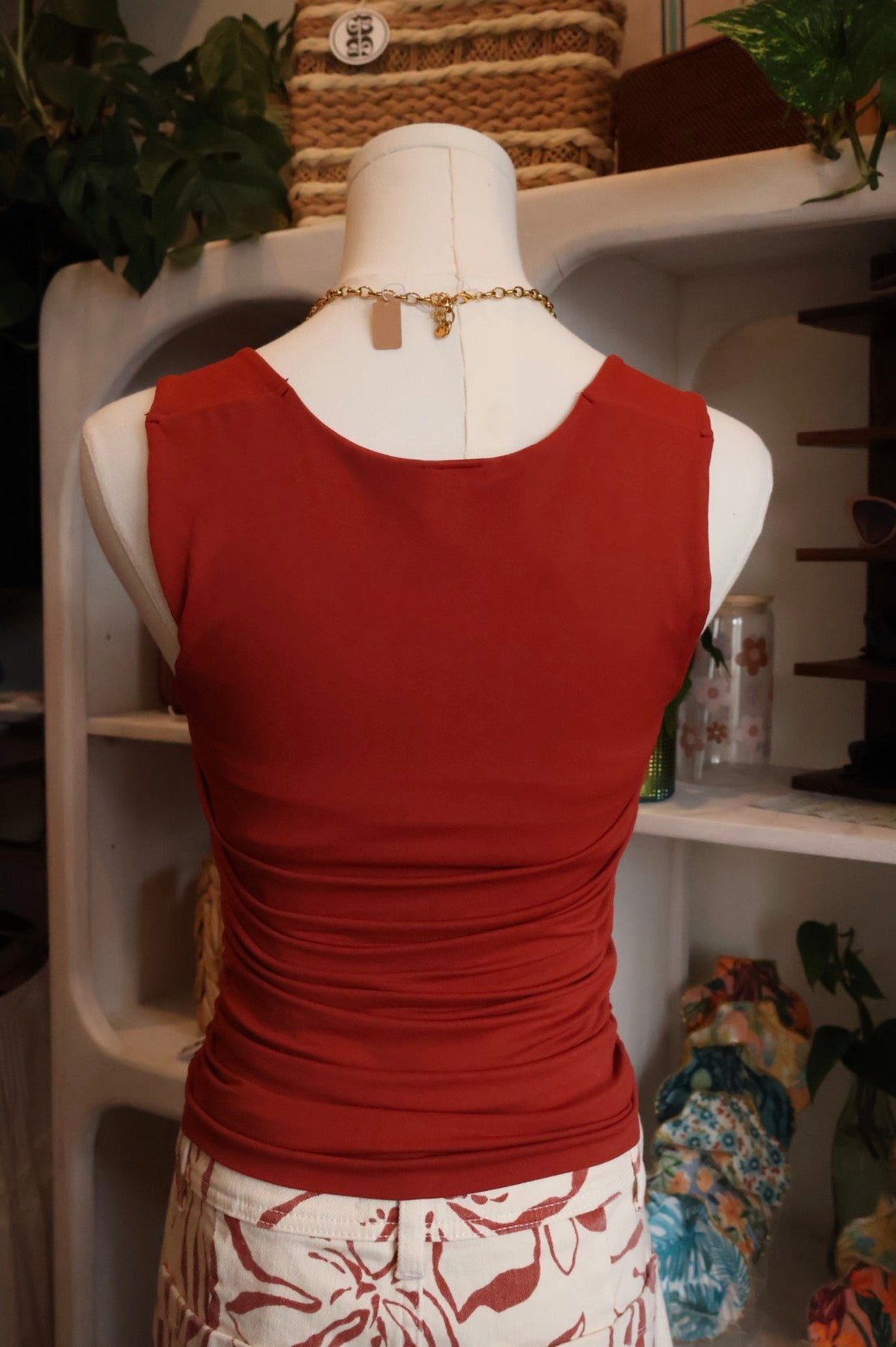 Burnt Red Square Neck Shirred Top