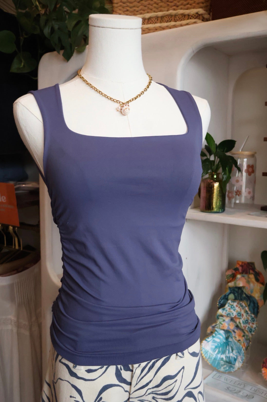 Light Navy Square Neck Shirred Top