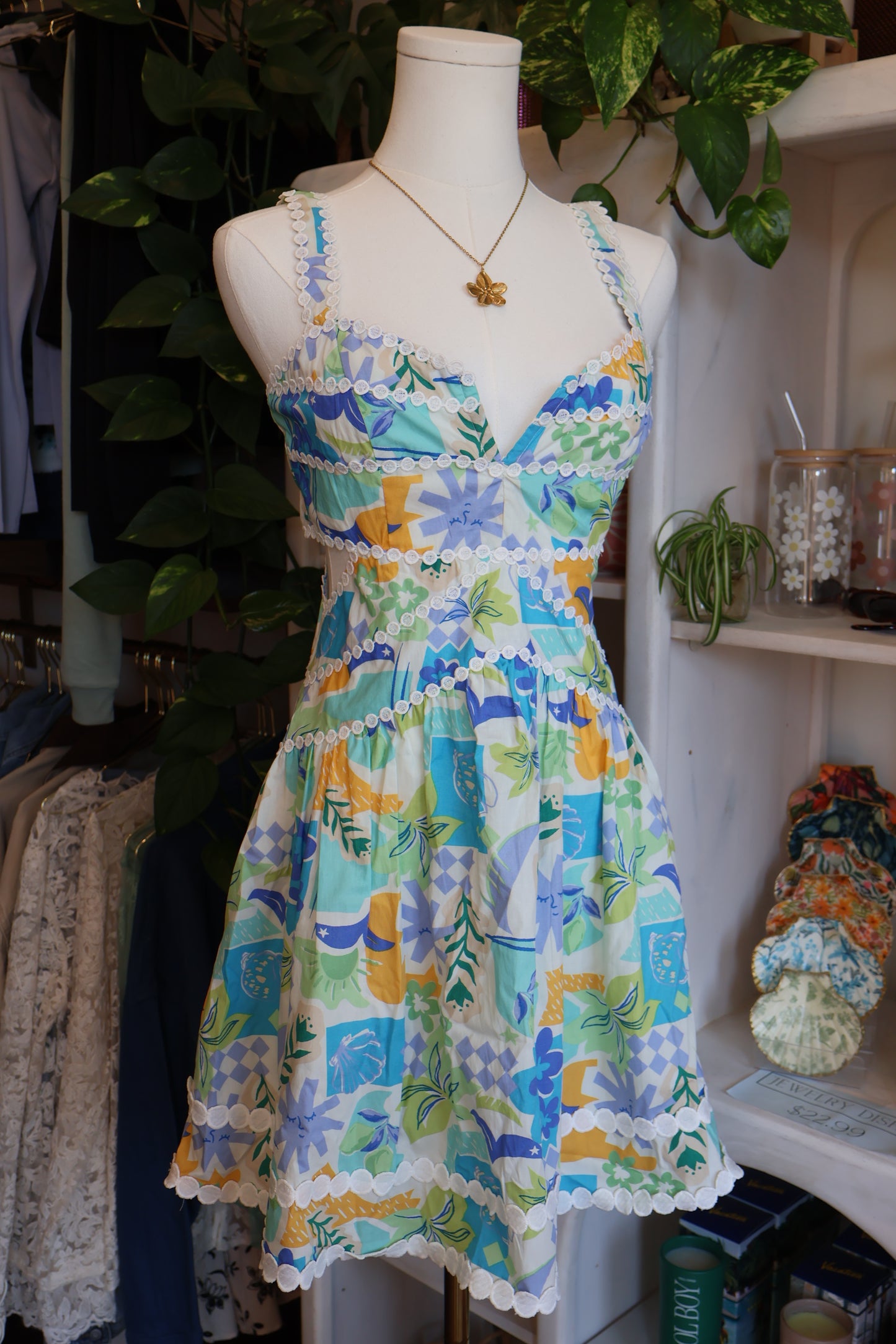 Tropical Lace Trim Cutout Dress