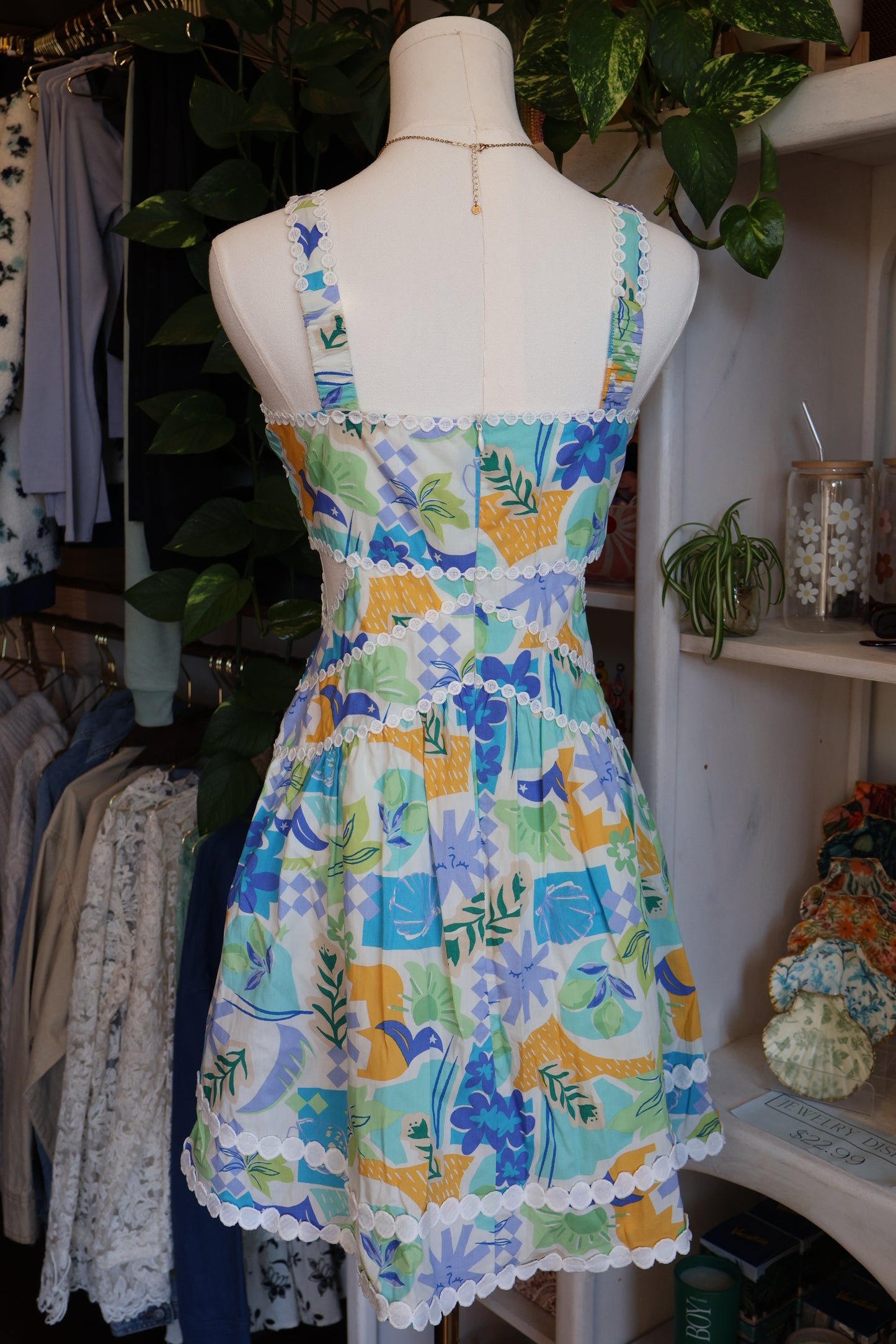 Tropical Lace Trim Cutout Dress