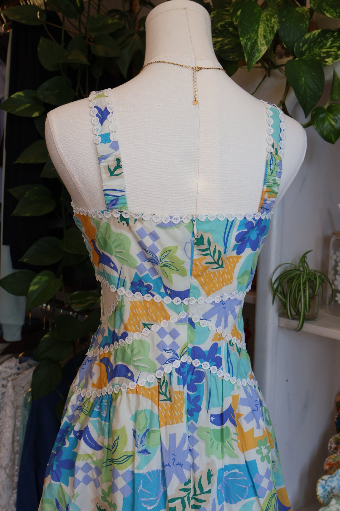 Tropical Lace Trim Cutout Dress