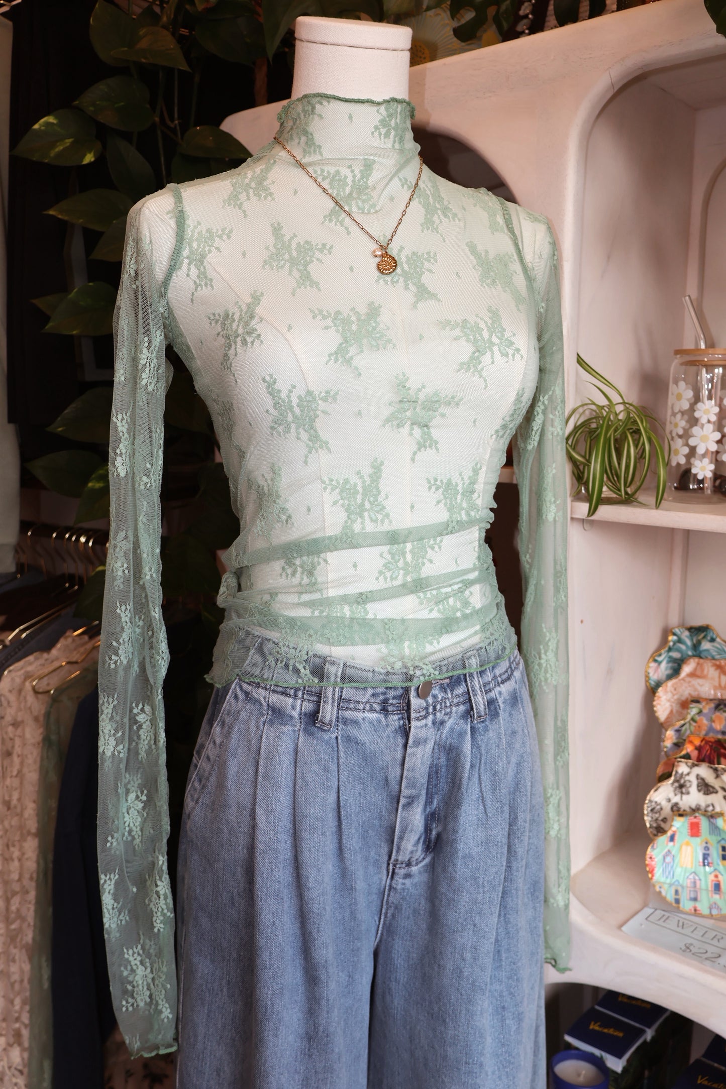 Lace Long Sleeve See Through Top