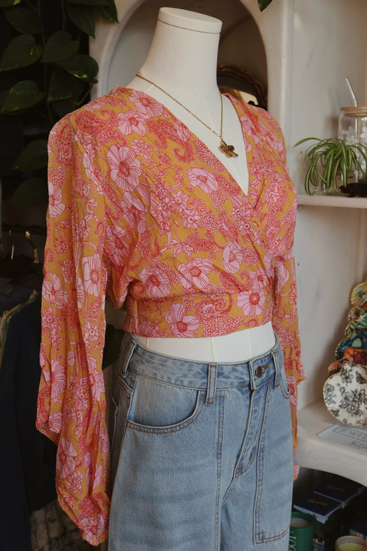 Orange & Pink Floral Bell Sleeve Blouse