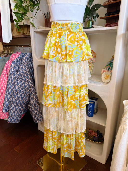 Tiered Ruffle Yellow Lace Skirt