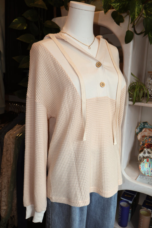 Waffle Patchwork Hooded Long Sleeve