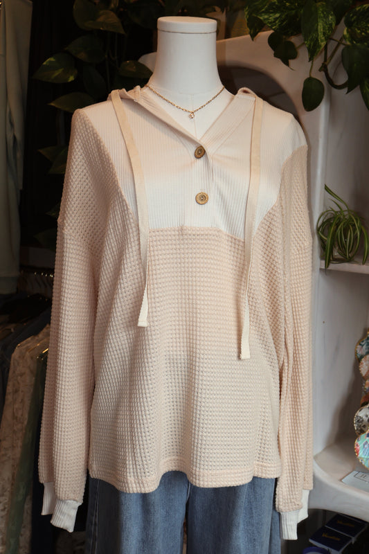 Waffle Patchwork Hooded Long Sleeve