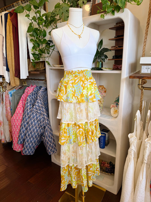 Tiered Ruffle Yellow Lace Skirt
