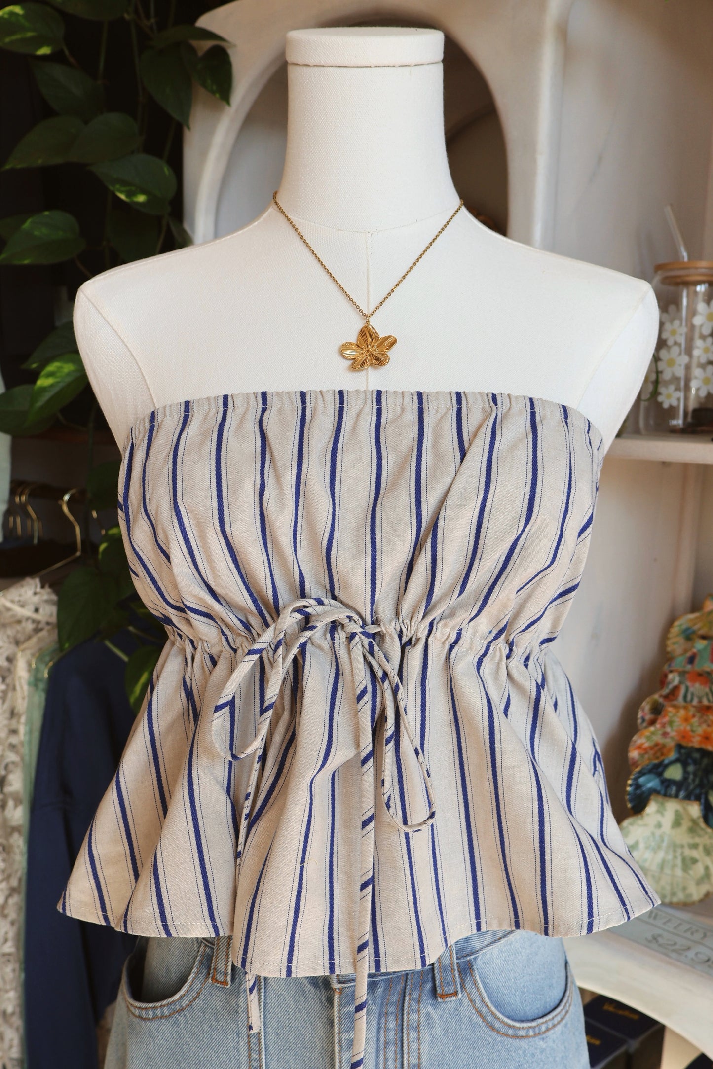 Blue Striped Flare Tube Top