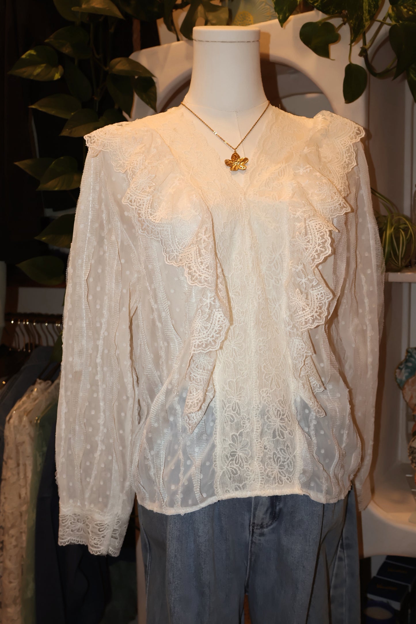 Romantic Ruffle Design Lace Floral Sheer Blouse