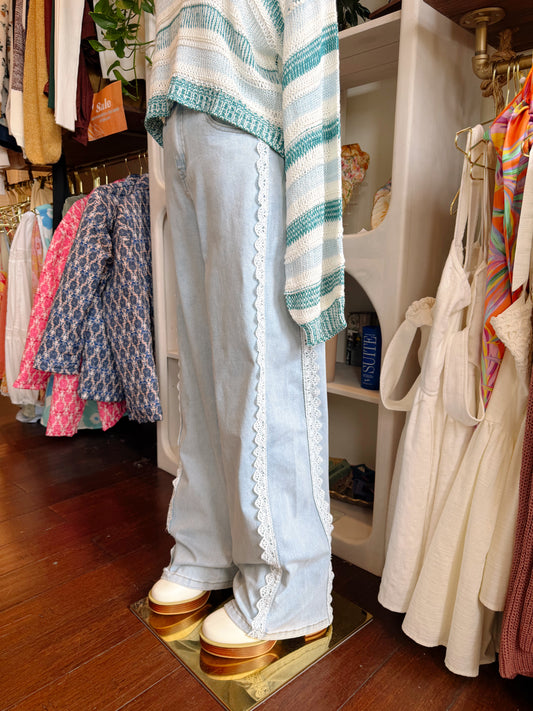 Lace Wide Leg Denim Pants