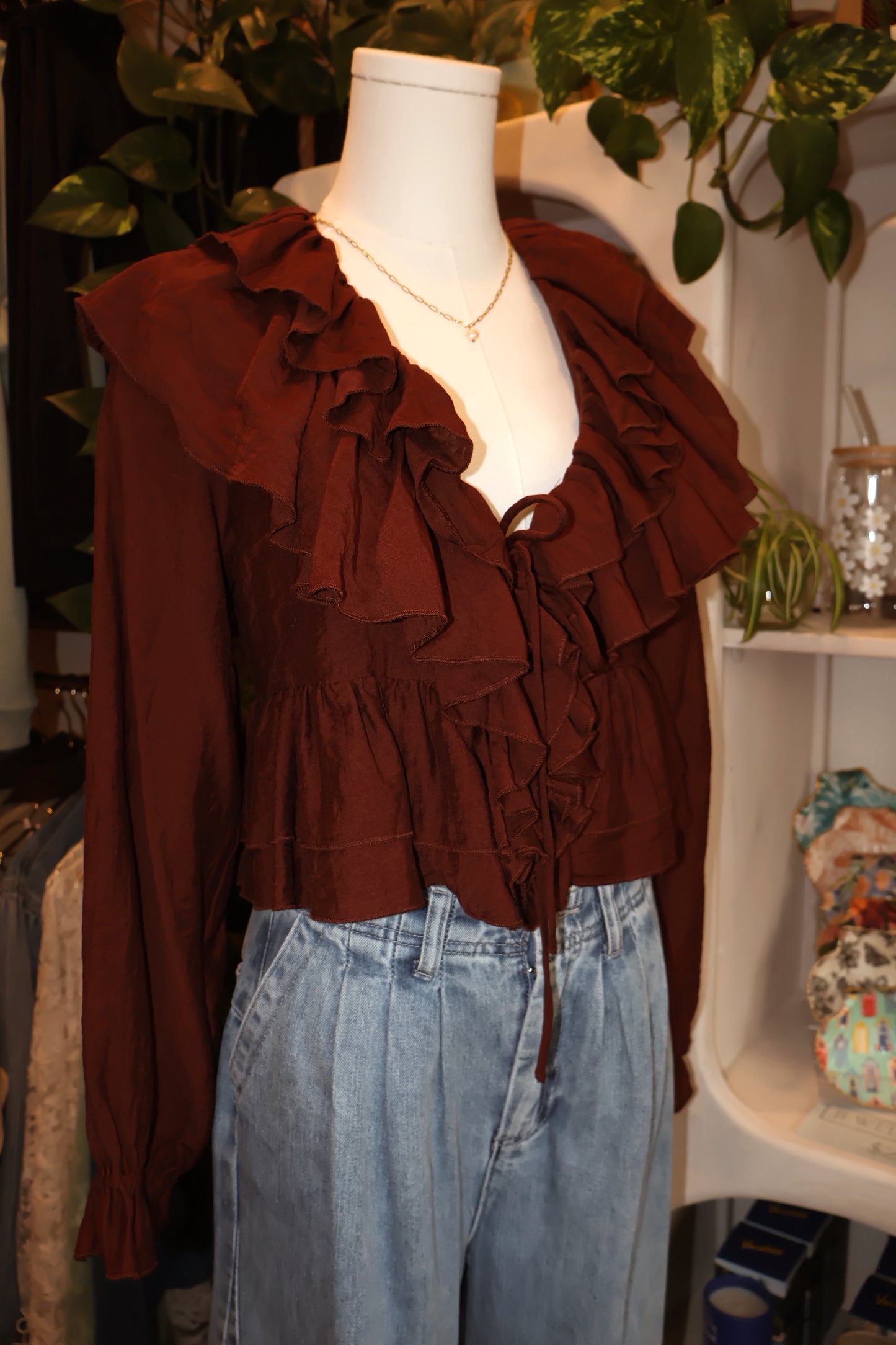 Long Sleeve Ruffle Cropped Blouse