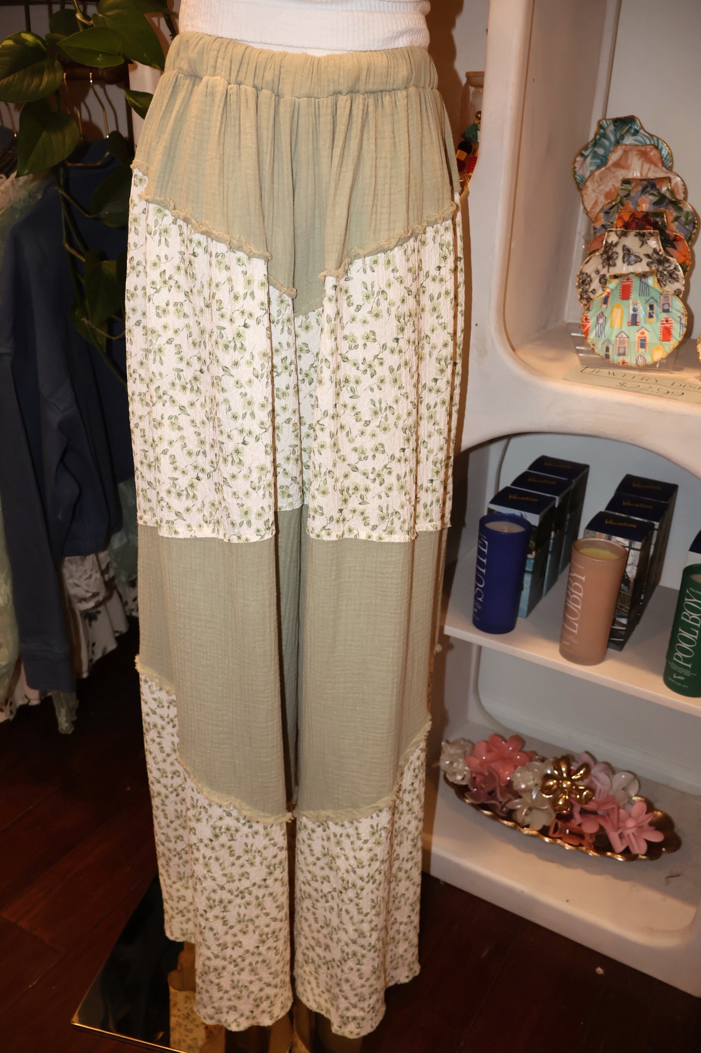 Green Floral Patchwork Flowy Pants