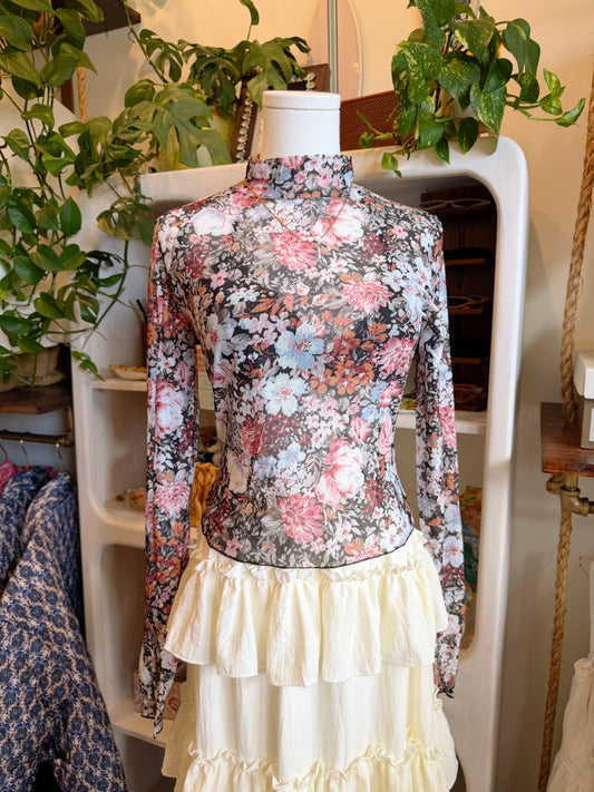 Dark Floral Long Sleeve High Mock Neck